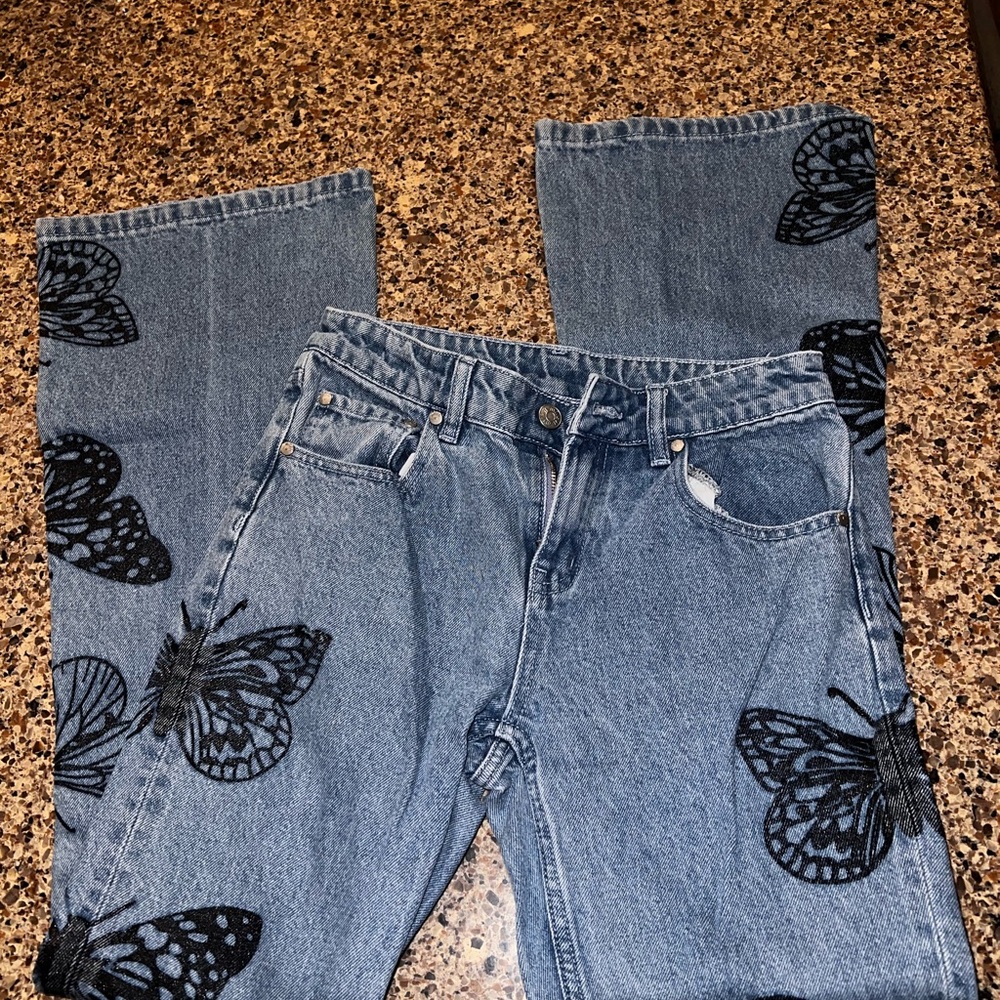 Butterfly Embroidered Wide Leg Jeans